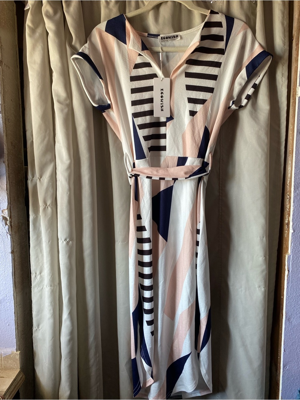 NWT EcoWish Pink, Navy & White Geometric Midi Dress with Self-Tie Waist